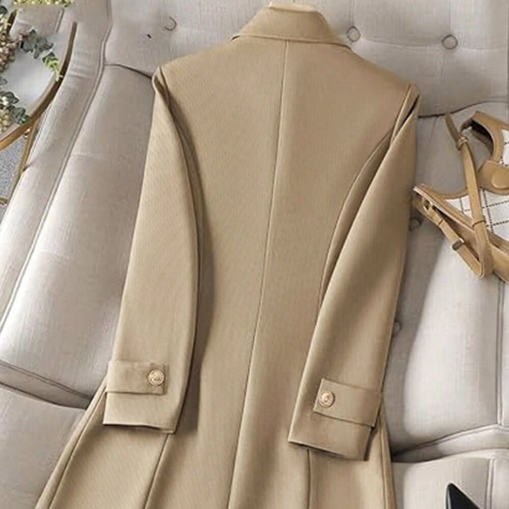 Khaki Elegant Women's Casual Cinched Waist Sleeve Detail Long Sleeve Blazer - Picture 5 of 6